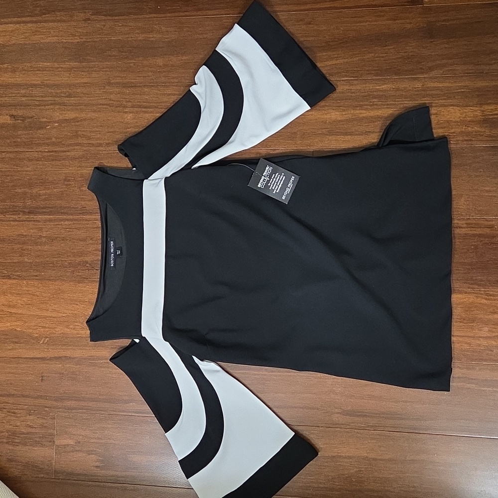 BOSTON PROPER BELL SLEEVE COLD SHOULDER TOP BLACK WHITE TUNIC STYLE S - Picture 3 of 9